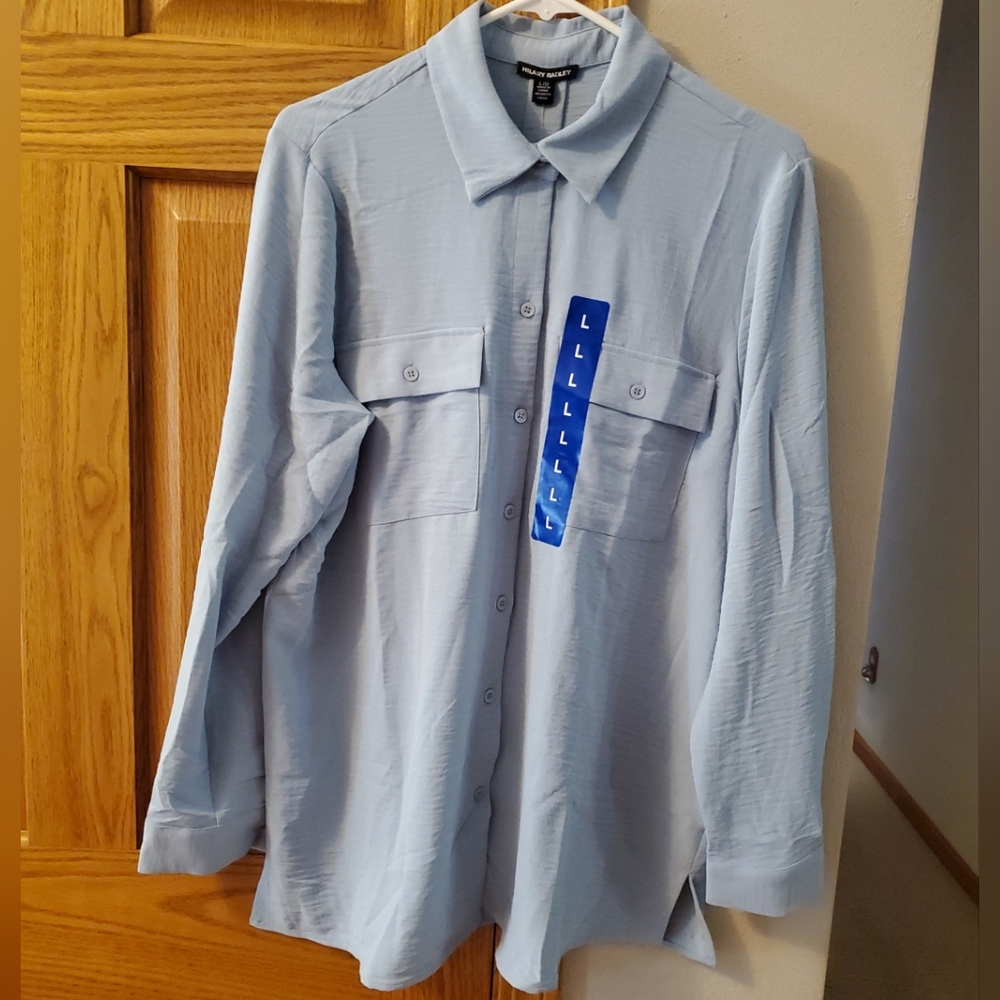 Hilary Radley Women’s Long Sleeve Button Up Roll Tab Light Blue Large Shirt
